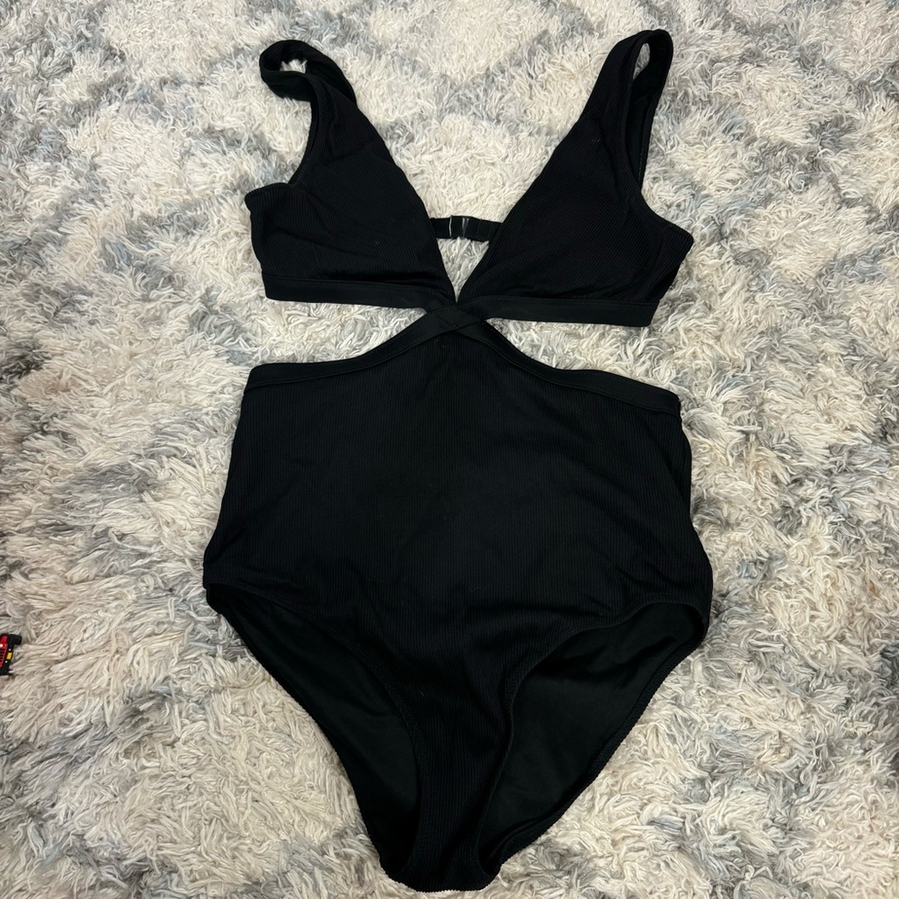 Aerie Black Plunge V Neck One Piece Medium Coverage Swimsuit Medium Long